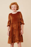 GY6378 CAMEL Girls Floral Printed Ribbed Velvet Dress Front