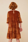 GY6378 CAMEL Girls Floral Printed Ribbed Velvet Dress Back