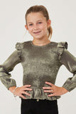 Girls Crushed Satin Smocked Ruffled Shoulder Top Front