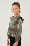 Girls Crushed Satin Smocked Ruffled Shoulder Top Side