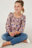 GY6396 RED Girls Floral Print Smocked Ruffle Bib Top Pose