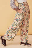 GY6398 Stone Girls Floral Print Smocked Elastic Waist Wide Leg Pants Side