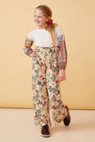 GY6398 Stone Girls Floral Print Smocked Elastic Waist Wide Leg Pants Full Body