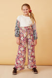 GY6398 Violet Girls Floral Print Smocked Elastic Waist Wide Leg Pants Full Body