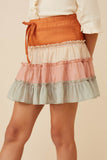 GY6404 BLUSH MIX Girls Drawstring Color Blocked Textured Tier Skirt Detail