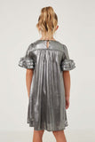 GY6412 SILVER Girls Textured Iridescent Layered Ruffle Sleeve Dress Back