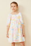 Cloudy Tie Dye Print Square Neck Puff Sleeve Dress