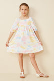 GY6448 BLUSH MIX Girls Cloudy Tie Dye Print Square Neck Puff Sleeve Dress Full Body