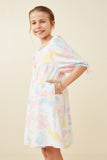 GY6448 BLUSH MIX Girls Cloudy Tie Dye Print Square Neck Puff Sleeve Dress Side