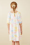 GY6448 BLUSH MIX Girls Cloudy Tie Dye Print Square Neck Puff Sleeve Dress Back