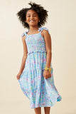 GY6454 Blue Girls Floral Print Ruffled Smocked Tie Strap Dress Front