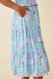 GY6454 Blue Girls Floral Print Ruffled Smocked Tie Strap Dress Detail