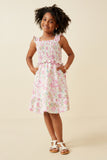 GY6455 PINK Girls Floral Print Ruffled Smocked Flutter Tank Dress Full Body