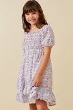 GY6457 Blush Girls Floral Print Asymmetric Ruffled Puff Sleeve Dress Front