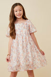 Watercolor Print Smocked Trumpet Sleeve Dress