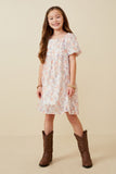 GY6461 BLUSH MIX Girls Watercolor Print Smocked Back Trumpet Sleeve Dress Full Body