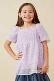 GY6465 LAVENDER Girls Textured Swiss Dot Trumpet Sleeve Top Front