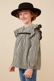 GY6482 Black Girls Checkered Lace Trim Ruffled Shoulder Top Side