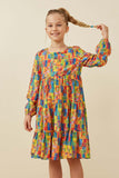 GY6493 Green Mix Girls Colorful Patch Print Long Sleeve Dress Front