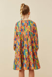 GY6493 Green Mix Girls Colorful Patch Print Long Sleeve Dress Back