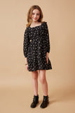 GY6498 Black Girls Ditsy Butterfly Print Ruffled Square Neck Dress Full Body