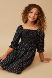 GY6509 Black Girls Ditsy Floral Smocked Square Neck Dress Pose