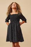 GY6509 Black Girls Ditsy Floral Smocked Square Neck Dress Alternate Angle