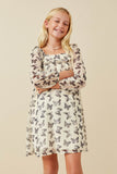 Butterfly Print Long Sleeve Ruffled Dress