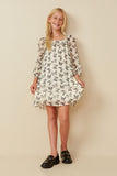 GY6530 OATMEAL Girls Textured Butterfly Print Long Sleeve Ruffled Dress Full Body