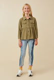 GY6540 Olive Girls Linen Blend Peplum Button Up Shirt Full Body