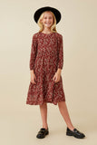 GY6541 BURGUNDY Girls Textured Floral Puff Sleeve Midi Dress Full Body