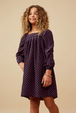 GY6550 Navy Girls Polka Dot Print Square Neck Long Sleeve Dress Front