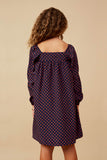 GY6550 Navy Girls Polka Dot Print Square Neck Long Sleeve Dress Back