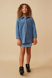 GY6552 BLUE Girls Textured Velvet Yarn Button Up Shacket Full Body