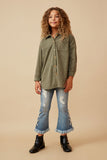 GY6552 OLIVE Girls Textured Velvet Yarn Button Up Shacket Full Body