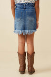 GY6559 Mid Denim Girls Washed Frayed Hem Paper Bag Denim Skirt Back