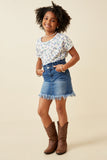 GY6559 Mid Denim Girls Washed Frayed Hem Paper Bag Denim Skirt Full Body