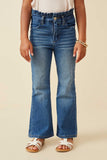 GY6560 MID DENIM  Girls Washed Paper Bag Waist Flared Denim Jeans Front