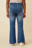 GY6560 MID DENIM  Girls Washed Paper Bag Waist Flared Denim Jeans Back