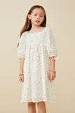 GY6604 YELLOW Girls Textured Ditsy Floral Square Neck Tie Sleeve Dress Front