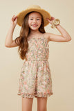 GY6605 Pink Girls Chiffon Floral Smocked Sleeveless Romper Pose