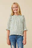 GY6645 Green Girls Botanical Print Ruffle Detail Top Front