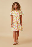 GY6688 OFF WHITE Girls Ditsy Floral V Neck Flutter Sleeve Dress Full Body