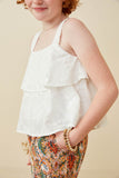 GY6694 Off White Girls Floral Eyelet Tiered Tank Side