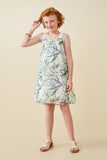 GY6696 Green Girls Layered Botanical Print Tank Dress Full Body