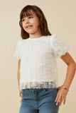 Flocked Ribbon Ruffled Mesh Puff Sleeve Top