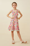 GY6723 PINK Girls Floral Cinch Waist Poplin Tank Dress Full Body