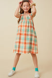 GY6736 Coral Mix Girls Checked Ruffle Strap Tank Shift Dress Full Body