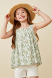 GY6749 Green Girls Botanical Print Square Neck Handerchief Tank Front