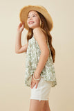 GY6749 Green Girls Botanical Print Square Neck Handerchief Tank Side